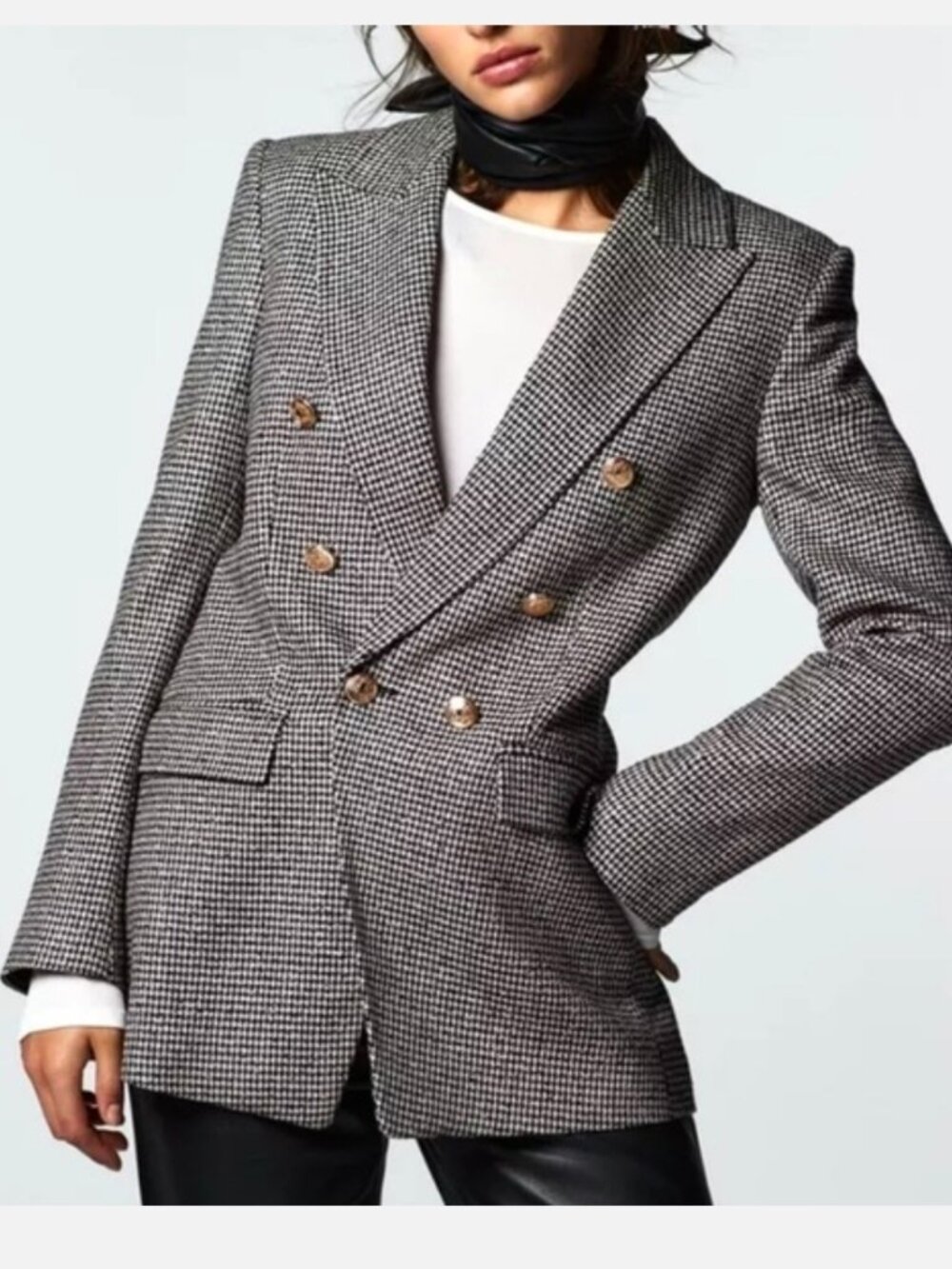 Zara Houndstooth Tweed Double Breasted Blazer Sz M 2761/255 Textured Gold Button